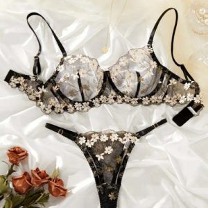 Pure Desire Sexy See-through Three-point Petals Mesh Underwear Suit